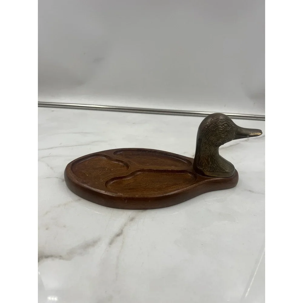 Vintage Brass Duck Head Wood Valet Tray Mallard Trinket Dish Catchall Organzier